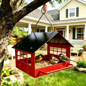 Mangeoire à oiseaux en métal en forme de maison, résistante aux intempéries, style Art Déco, avec plateau, à suspendre au mur, pour jardin extérieur. - Product Image 4