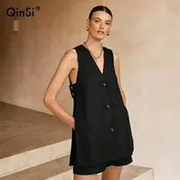 QINSI Женский костюм с шортами и рукавами, Летний кэжуальный комплект, черные пижамы