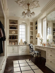 Système de dressing classique <span class=keywords><strong>blanc</strong></span> pour manoir avec vitrine en verre, bureau d'étude personnalisé et armoire de dressing - Product Image 3