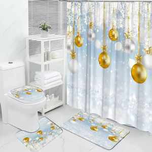 ม่านอาบน้ำลายคริสต์มาสสีชมพูทรงกลมซานตาคลอสของขวัญฤดูหนาวเข็มสนชุดตกแต่งห้องน้ำพรมปูพื้นสำหรับห้องน้ำ - Product Image 5