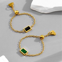 Bague réglable en acier inoxydable pour femmes à la mode avec placage à l'or exquis vert noir zircon cubique incrusté de chaîne coulissante