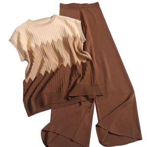 Ensemble décontracté 2 pièces pour <span class=keywords><strong>femme</strong></span> : haut tricoté à manches courtes et pantalon long, dégradé de couleurs, idéal pour le quotidien - Product Image 3