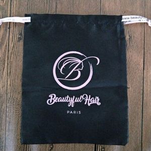 Custom Luxury Black Thick Silk Satin Eco-friendly Drawstring Gift Bag for Hair Extensions with Logo Printing - Product Image 3