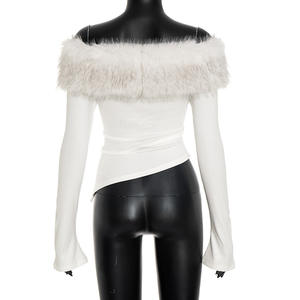 <span class=keywords><strong>Sexy</strong></span> con collo in pelliccia a manica lunga irregolare a coste bianche aderenti Slim Fit da donna alla moda camicette e camicie 2026 primavera - Product Image 6