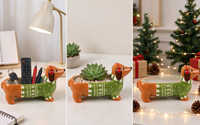 Vente en gros d'usine, pot à fleurs en céramique personnalisé peint à la main, chien teckel de Noël. Conteneur multifonctionnel pour chien Wiener