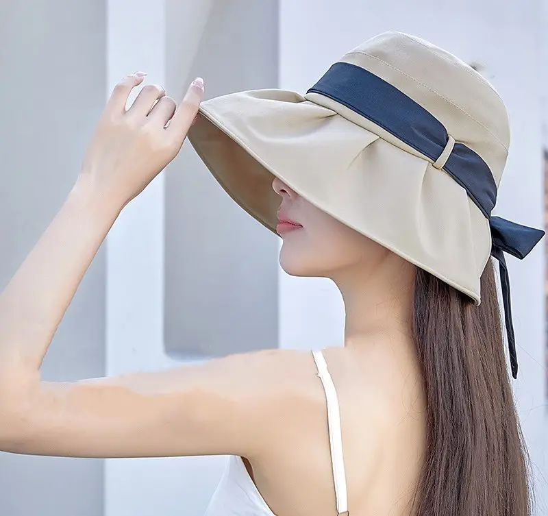 Gran oferta, sombrero para el sol con lazo de ala grande de verano para mujer, protección Uv, sombreros de protección solar, gorra de pescador de playa
