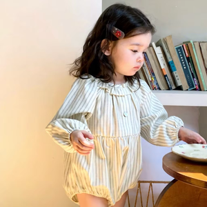 Mono de Algodón a Rayas para Bebé <span class=keywords><strong>Recién</strong></span> Nacido, Estilo Coreano, Cuello Camisero, Decoración con Volantes, Cierre de Botones, Mono para Niña - Product Image 3
