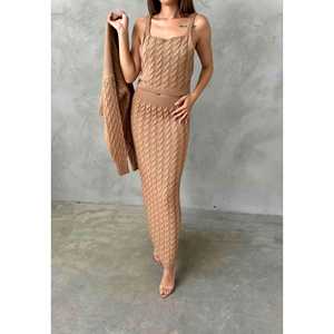 Ensemble de tricots trois pièces pour femme, pull en tricot torsadé marron, jupe, taille S - Product Image 3