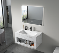 Meuble-lavabo de salle de bain LED en verre flottant à 2 niveaux, en pierre frittée à grain de bois, design moderne et luxueux, pour hôtel