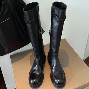 Bottes pour femmes, réplique d'un modèle célèbre sur internet ~ Bottes de cavalier hautes à plateforme et talon épais en cuir de cheval vieilli, automne-hiver - Product Image 3