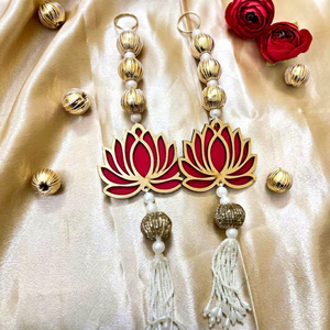 Handcrafted Red and Gold Lotus Latkan Door Hanging Set for Festive Indian Home <b>Decor</b> Elegant Pearl Accents and White Seed Bead - Product Image 1