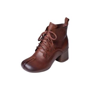 รองเท้าบูทหุ้มข้อหนังแท้สไตล์อังกฤษทรงสวยสำหรับฤดูใบไม้ร่วงและฤดูหนาว หัวเหลี่ยม ซิปด้านข้าง พื้นหนา ส้นบล็อก พร้อมเชือกผูก - Product Image 5