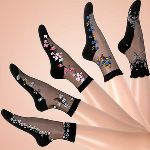 Chaussettes à fleurs <span class=keywords><strong>pour</strong></span> femmes, vente en gros, <span class=keywords><strong>bas</strong></span> en nylon <span class=keywords><strong>pour</strong></span> femmes, <span class=keywords><strong>bas</strong></span> d'été fins en soie transparente, <span class=keywords><strong>bas</strong></span> en cristal, - Product Image 1