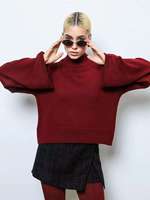 Cardigan élégant pour femme en maille unie à col roulé, coupe ajustée, manches cloche larges, anti-rétrécissement, en polyester