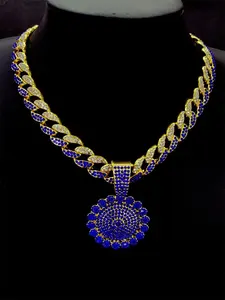 Iced Out 15mm Width Mixed Color Cuban Link Chain With Hip Hop Alloy And Blue Rhinestone Round Sunflower Pendant Necklace