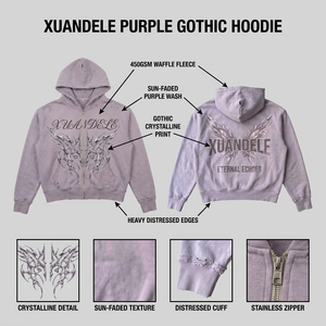 Sudadera con capucha morada de estilo hip hop urbano, con cremallera, efecto desgastado vintage, para hombre, con logotipo digital personalizado, al por mayor - Product Image 3
