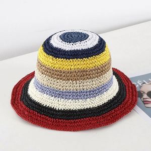 Sombrero de paja de arcoíris para mujer al por mayor, de ganchillo, plegable, tejido, para sol y playa - Product Image 5