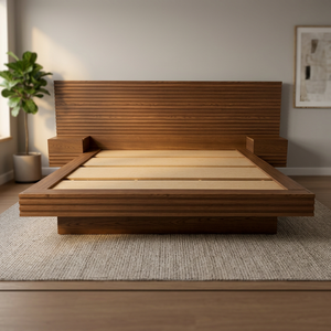 Solid Teak Wood Modern Scandinavian <b>Platform</b> <b>Bed</b> <b>Frame</b> with Nightstands Luxury Bedroom Furniture - Product Image 3