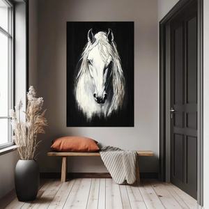 Peinture à l'huile sur toile texturée cheval réaliste, style minimaliste neutre et doux, faite à la main, grande décoration intérieure pour la maison - Product Image 3