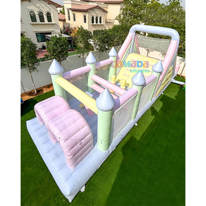 Maison de rebond <span class=keywords><strong>rose</strong></span> arc-en-ciel en PVC de qualité commerciale parcours d'obstacles intérieur/extérieur et grand toboggan avec jeux d'escalade - Product Image 1