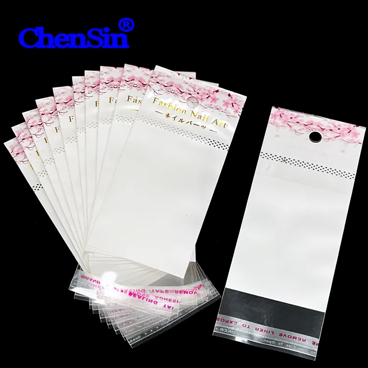 Front clear white background plastic bag for jewelry nail art packaging bag with tape pink small bag