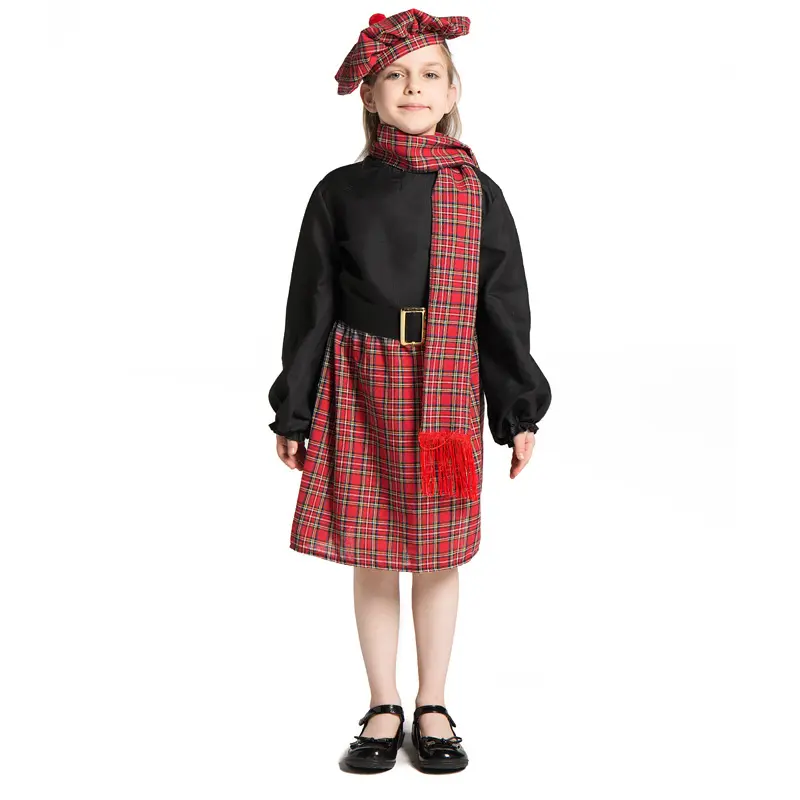 Girls Scottish Costume Black Red Stripe Classic Tartan Plaid Skirt Toddler School Uniform Cosplay Outfits