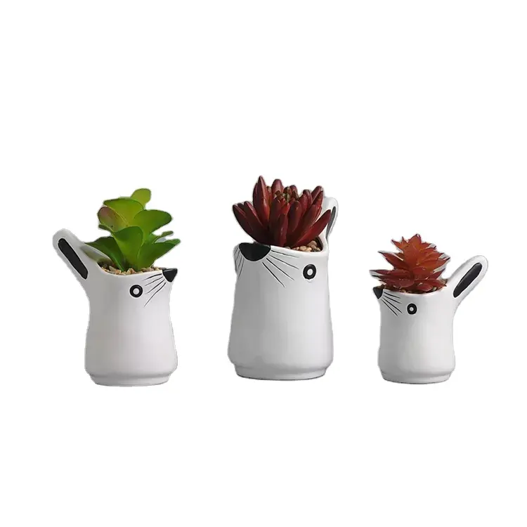 K&B indoor animal mouse cup shape design ceramic small artificial succulent bonsai plants with pots