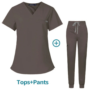 Women Scrub Suit Set Short Sleeve V Neck Knitted Moisture Wicking Hospital Uniform Operating Room Workwear Split Set Size S XXL - Product Image 3
