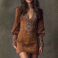 2026 Maßgeschneidertes Braunes Boho Besticktes Tief Ausgeschnittenes Puffärmel-Minikleid für Damen Private Label OEM ODM Großhandel