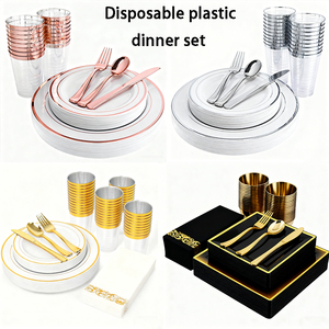 Assiettes de présentation dorées de 13 pouces, sous-assiettes en plastique pour services de mariage, sous-assiettes transparentes avec bord doré, assiettes de présentation en acrylique pour dîner - Product Image 2