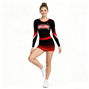 Conjunto <span class=keywords><strong>de</strong></span> Top Corto y Minifalda <span class=keywords><strong>de</strong></span> Poliéster con Estampado Moderno en Degradado Negro y Rojo, Adornado con Pedrería, Estilo Animadora, Manga Larga, ¡Gran Venta! - Product Image 2