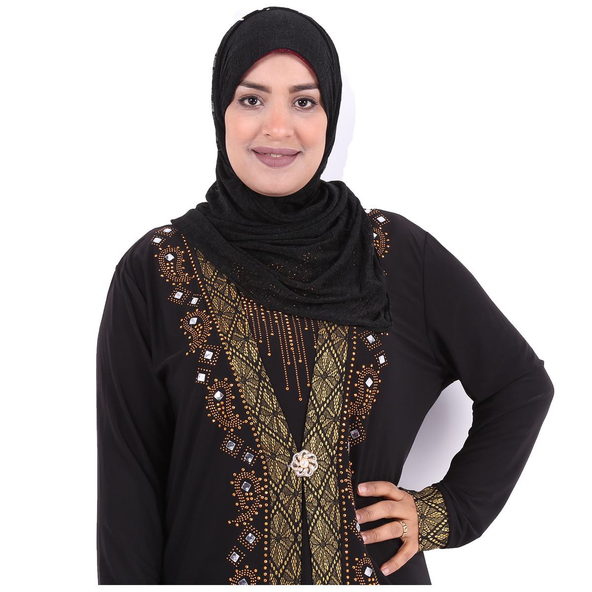 高品质女性伊斯兰祈祷女士黑袍阿拉伯长袍头巾水钻印花连衣裙穆斯林