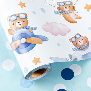 Rouleau de papier cadeau pour baby shower, motif ours pilote bleu, 17 pouces x 16,5 pieds, emballage cadeau réversible pour fête d'anniversaire de garçons - Product Image 1