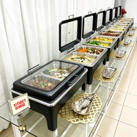 Pemanas Makanan Prasmanan Chafing Dish Persegi Panjang Stainless Steel Hitam 9L Mewah, Pemanas Gas, Peralatan Dapur Modern untuk Restoran