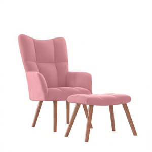<b>Pink</b> Living Room Chair with <b>Stool</b> Midcentury Modern Fabric Wood Legs Tufted Back Leisure Chair - Product Image 1