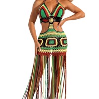 Robe de plage en crochet faite à la main, style halter, multicolore, à franges, découpée, style bohème, pour les festivals et les vacances