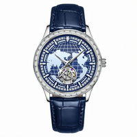 Montre mécanique automatique de luxe avec cadran lumineux carte du monde, lunette en cristal, cœur ouvert, bracelet en cuir de vachette 20 mm, boîtier en acier inoxydable