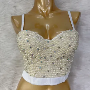 Bralette de realce con cuentas de perlas blancas para mujer, corsé, corpiño, Top corto Sexy, Punk Rock, ropa de fiesta para Club nocturno, novedad