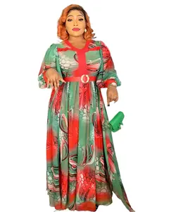 2024 새로운 패션 하이 퀄리티 인쇄 꽃 쉬폰 원피스 아프리카 여성 우아한 긴 맥시 드레스 K0320
