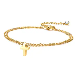 Fenny Jewelry 18K PVD Gold Plated Wholesale No Fade Fashion Double Layer Cross Pendant Stainless Steel Anklet Trendy For Women