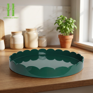 HOT SELLER OEM High Quality Finishing <b>Matte</b> Glossy <b>Lacquer</b> Navy Scalloped Edge Tray OEM Scallop <b>Lacquer</b> Serving Tray Food Trays - Product Image 1