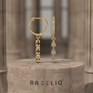 White Gold Triple Pear Diamond <b>Drop</b> Earrings Elegant Pave Set Round and Pear Cut Diamond Dangle Hoops - Product Image 6