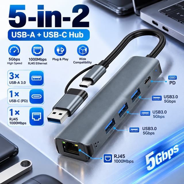 5-in-2 USB C Hub Multiport Adapter USB 3.0 Type C Docking Station with RJ45 Gigabit Ethernet LAN Adapter