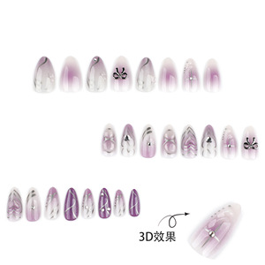 Unghie Finte Press-On Effetto Occhio di Gatto Sfumato Viola Chiaro con Fiocco 3D in Metallo, Cuore, Stella e Strass Lucidi, Forma a Mandorla, Stile Y2K, Riutilizzabili - Product Image 2
