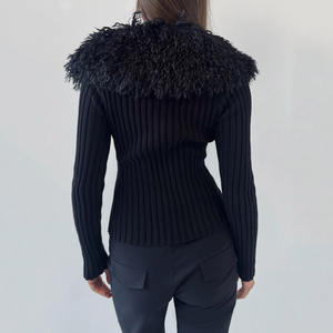 V Neck Zip Up Knit Jacket <b>Women</b> Patchwork Collar Casual Street Style Y2K Fashion Versatile Knit Top - Product Image 2