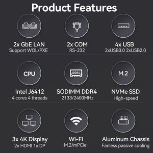 Quad Core j6412 không quạt <span class=keywords><strong>Mini</strong></span> PC Linux RS232 IOT máy tính công nghiệp W/ Dual Lan Dual Com kép h-dmi dp - Product Image 3