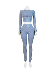Set di pantaloni Skinny con Logo personalizzato <span class=keywords><strong>tuta</strong></span> <span class=keywords><strong>da</strong></span> <span class=keywords><strong>donna</strong></span> lavata vecchio Set aderente a costine due pezzi Set Leggings abiti all'ingrosso - Product Image 3