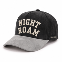 Casquette de baseball en daim 5 panneaux personnalisée avec logo, broderie 3D en relief, visière incurvée, bicolore noir-gris, pour le camping et la randonnée