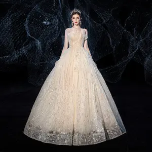 2020 New Fashion Luxury Champagne Strapless Ball Gown Princess Classic Sequins Wedding Dress Custom Size For Bride
