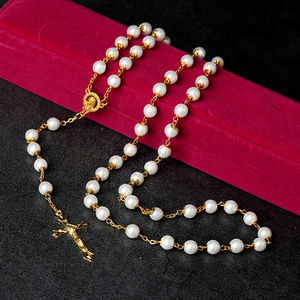 Set di Rosari Classici con Perline in Vetro Bianco e Collane con Perline Placcate <span class=keywords><strong>Oro</strong></span> per Regalo Cattolico - Product Image 1